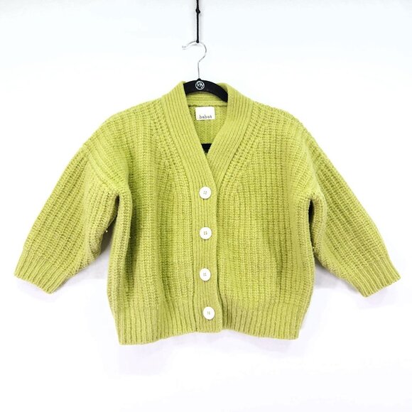 babaà No.22 Cardigan 100% Eco Wool Ribbed Knit Green Button Front Sweater - Picture 1 of 14